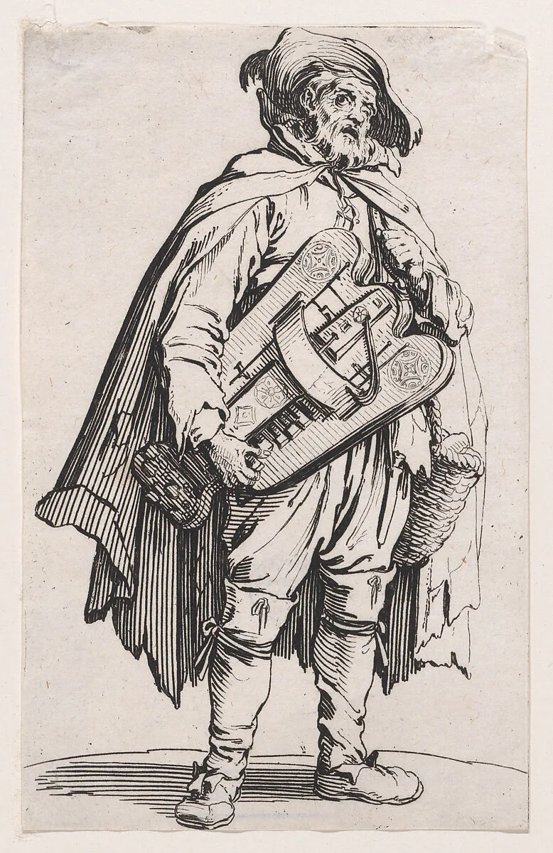 Le Joueur de Vielle (The Hurdy-Gurdy Player), from Les Gueux suite appelée aussi Les Mendiants, Les Baroni, ou Les Barons (The Beggars, also called the Barons) — Jacques Callot