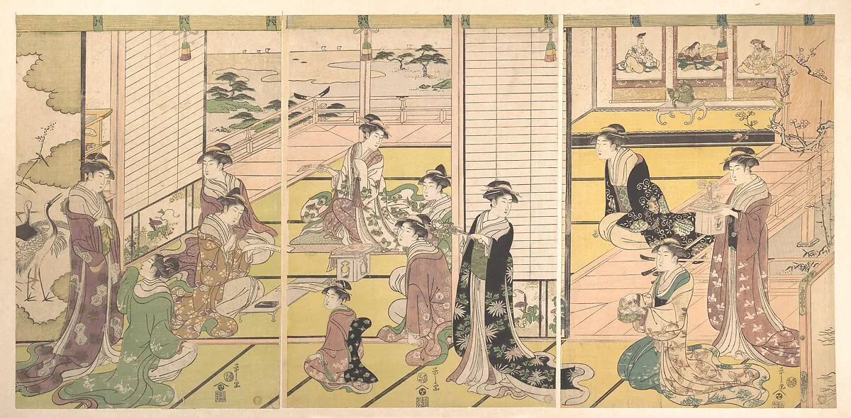 鳥文斎栄之画 和歌三神図|Honoring the Three Gods of Poetry: Women Composing Poems — Chōbunsai Eishi