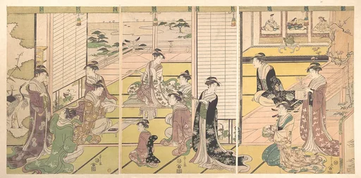 鳥文斎栄之画 和歌三神図|Honoring the Three Gods of Poetry: Women Composing Poems
