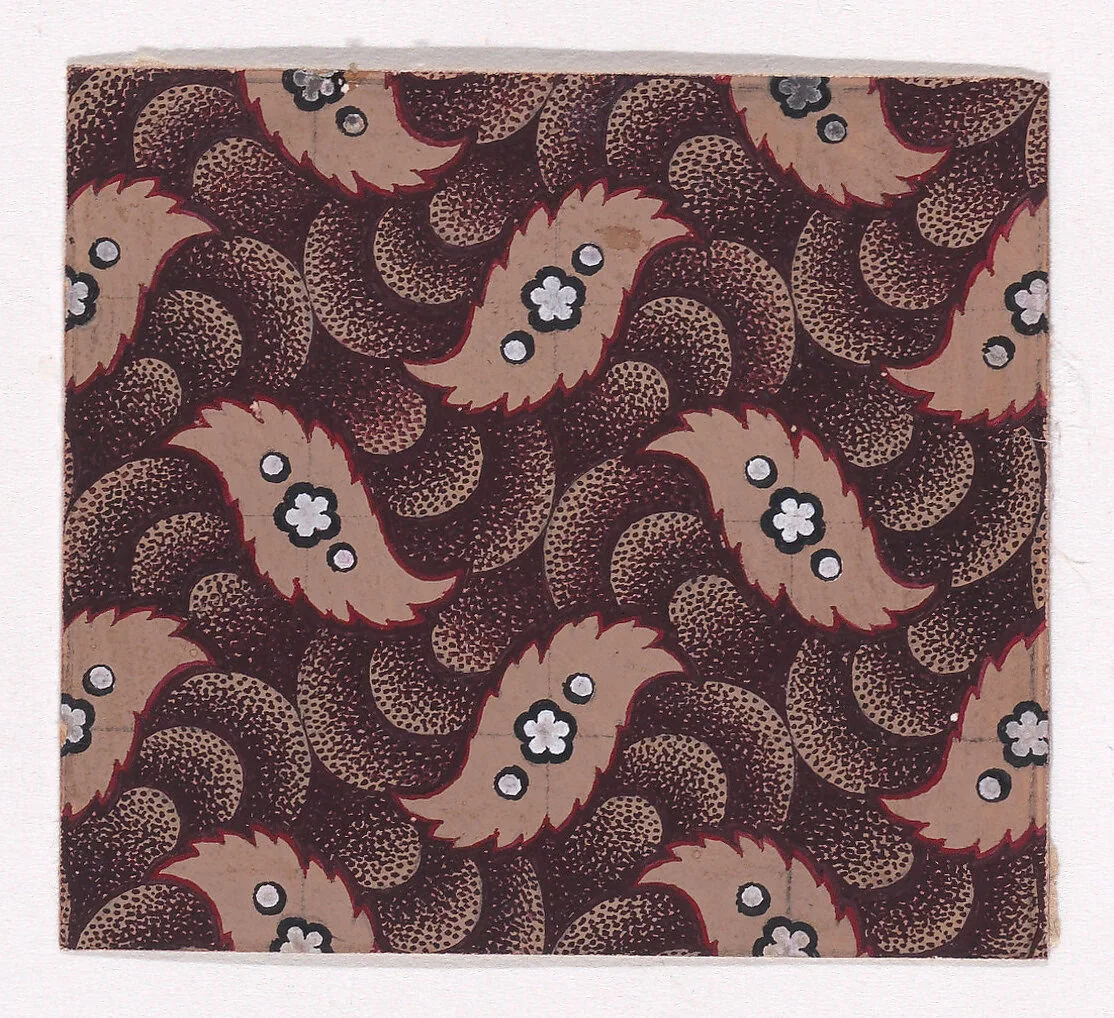 Textile Design with Alternating Rows of Stylized Leaves Decorated with Rosettes and Pearls Over a Pattern of Overlapping Scales — Anonymous, Alsatian, 19th century