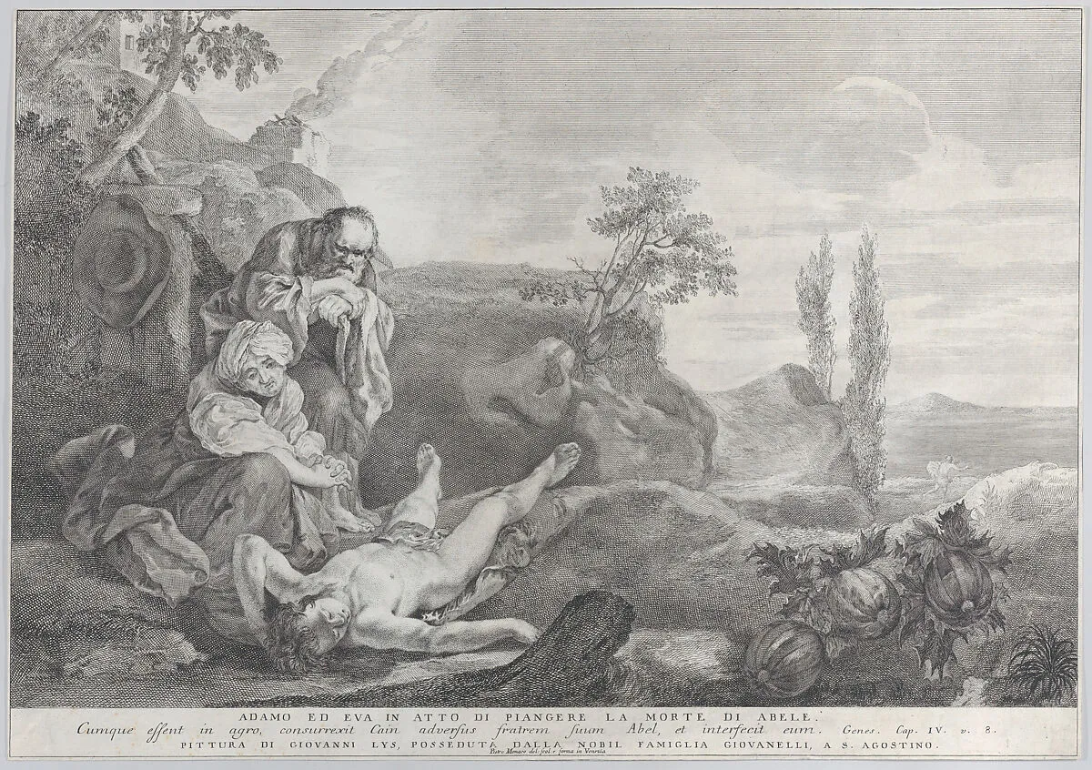 Adam and Eve at left, as an elderly couple, mourning over the corpse of Abel who lies in front of them as Cain disappears in the distance at right — Pietro Monaco|Johann Liss