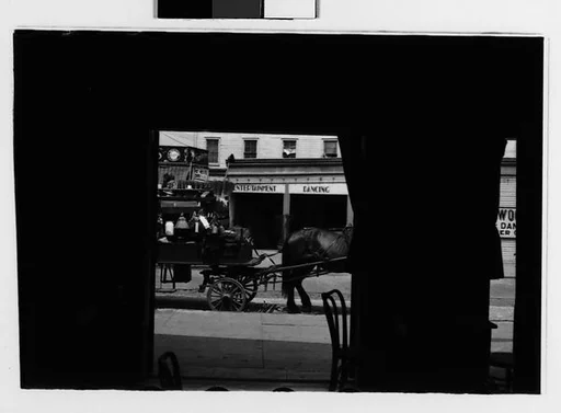 [Two 35mm Film Frames: Horse-Drawn Houseware Vendor's Cart on Street Through Doorway, New York City]