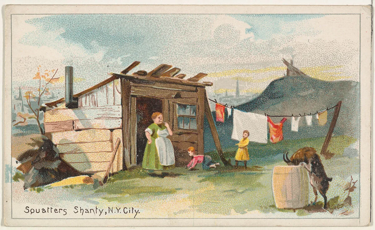 Squatter's Shanty, New York City, from the Habitations of Man series (N113) issued by W. Duke, Sons & Co. to promote Honest Long Cut Smoking and Chewing Tobacco — W. Duke, Sons & Co.|American Tobacco Company|The Giles Company