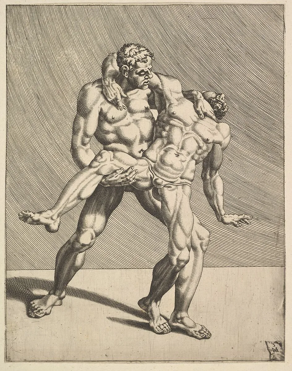 Wrestlers, from Wrestlers, plate 3 — Maarten van Heemskerck|Dirck Volckertsz Coornhert