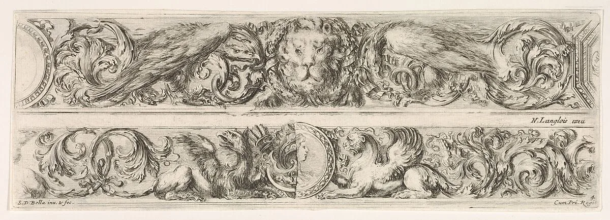 Two Designs for Friezes with Acanthus Scrolls, Each with a Variant, Plate 4 from: 'Decorative friezes and foliage' (Ornamenti di fregi e fogliami) — Stefano della Bella|Nicolas Langlois