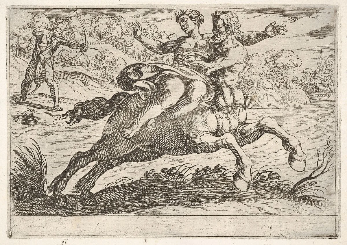 Nessus attempting to take Dejanira from Hercules: Nessus restrains Dejanira on his back while striding to the right, Hercules draws his arrow at left, from the series 'The Labors of Hercules' — Antonio Tempesta