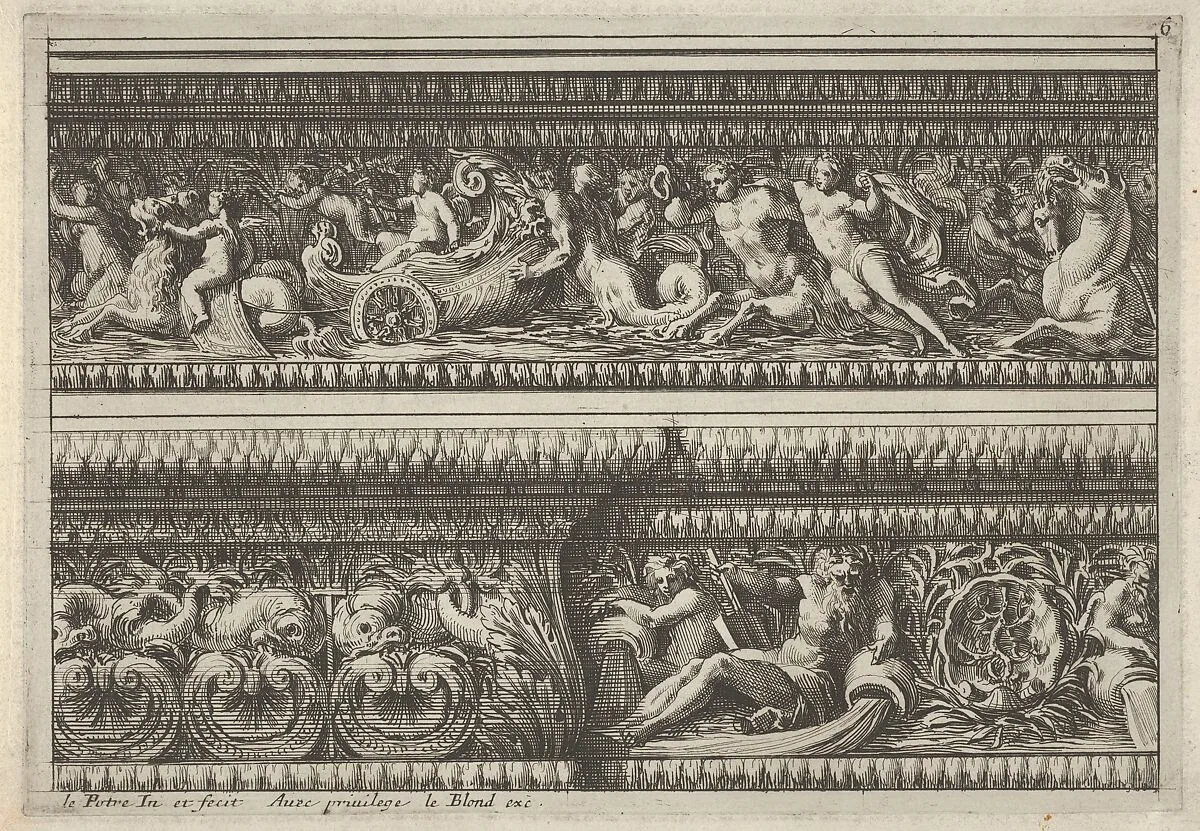 Two decorates Frieze Designs for Cornices, from: Frise pour les architraves, corniches et autres ornaments d'architecture — Jean Le Pautre|Jean I Leblond