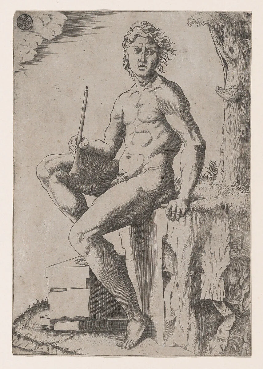 Seated Man Holding a Flute — Marcantonio Raimondi|Baccio Bandinelli