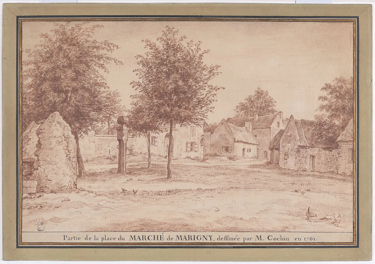 The Marketplace in the Village of Marigny (Partie de la place du marché de Marigny) — Charles Nicolas Cochin II