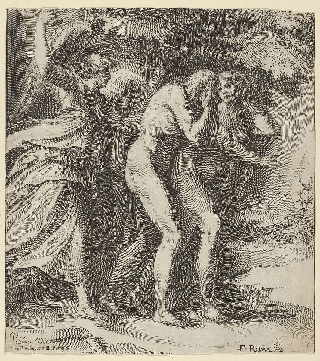 The Expulsion from Paradise with an Angel wielding a sword behind Adam and Eve — Cherubino Alberti (Zaccaria Mattia)|Polidoro da Caravaggio