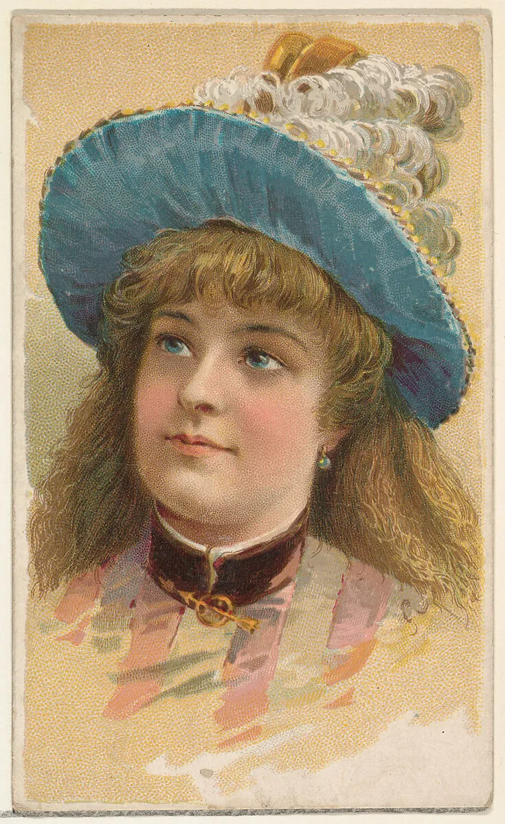 Actress wearing wide-brimmed blue hat with white feathers, from Stars of the Stage, First Series (N129) issued by W. Duke, Sons & Co. to promote Honest Long Cut Tobacco — W. Duke, Sons & Co.|Knapp & Company