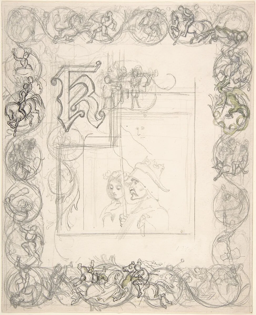 Border design with knights, ladies and dragons (recto); Sketches for border elements (verso) — Richard Doyle