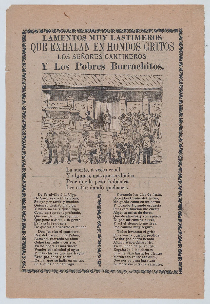 Broadsheet relating to men who frequent bars, different groups of men walking in the streets and one man running after a trolley car — Antonio Vanegas Arroyo|José Guadalupe Posada