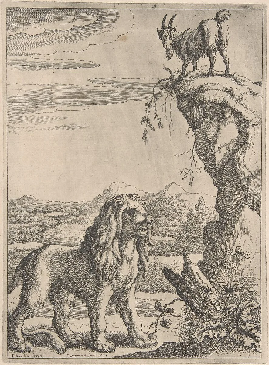 The Lyon and the Kid, from Ogilby's Aesopics — Francis Barlow|Richard Gaywood|John Ogilby