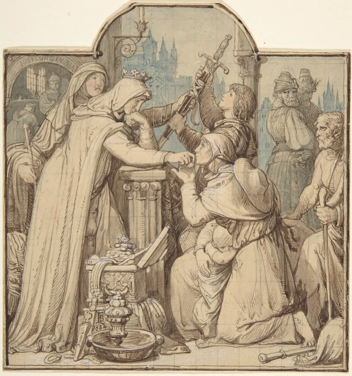 Kriemhild, in Mourning over Siegfried, Handing Out Treasures from the Nibelungen Hoard — Eduard Julius Friedrich Bendemann