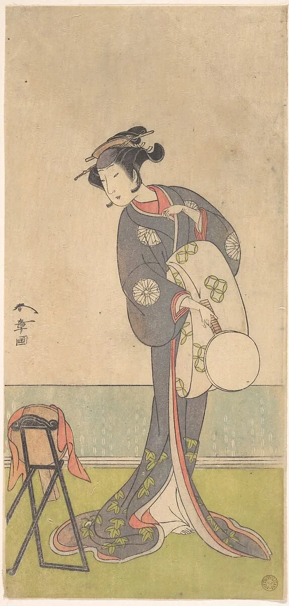 鳥高斎栄昌画 「丁子屋畧見世」|The First Nakamura Tomijuro as an Oiran Standing in a Room — Katsukawa Shunshō 勝川春章
