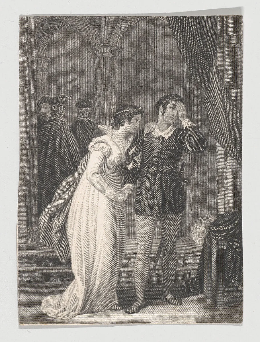 Queen Margaret and Suffolk (Shakespeare, Henry VI, Part II, Act 3, Scene 2) — John Massey Wright|Charles Heath, the elder|William Shakespeare