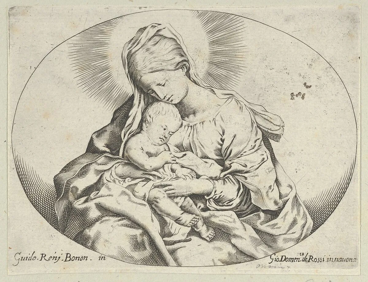 The Virgin holding the infant Christ, an oval composition, after Reni — Guido Reni|Anonymous, 17th century|Giovanni Domenico de Rossi