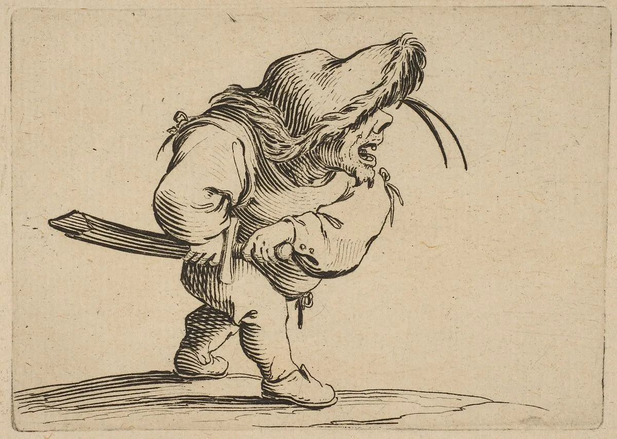 L'Homme S'Apprêtant a Tirer son Sabre (Man Preparing to Draw his Sword), from Varie Figure Gobbi, suite appelée aussi Les Bossus, Les Pygmées, Les Nains Grotesques (Various Hunchbacked Figures, The Hunchbacks, The Pygmes, The Grotesque Dwarfs) — Jacques Callot
