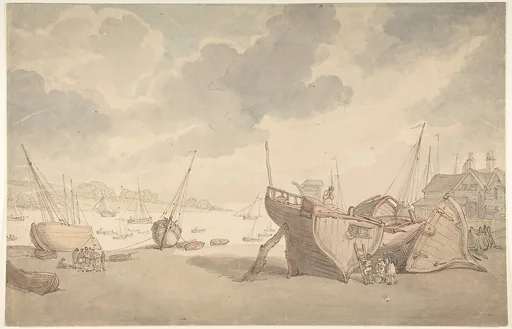 Harbor scene with the tide out, and beached boats