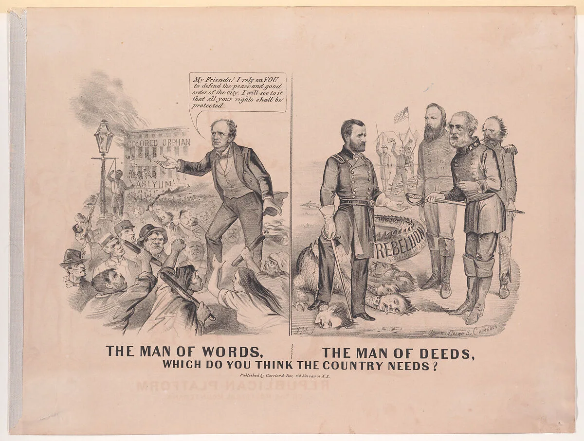 The Man of Words, The Man of Deeds, Which Do You Think the Country Needs? — Robert E. Lee|Horatio Seymour|Ulysses S. Grant|Currier & Ives|John Cameron|James Merritt Ives