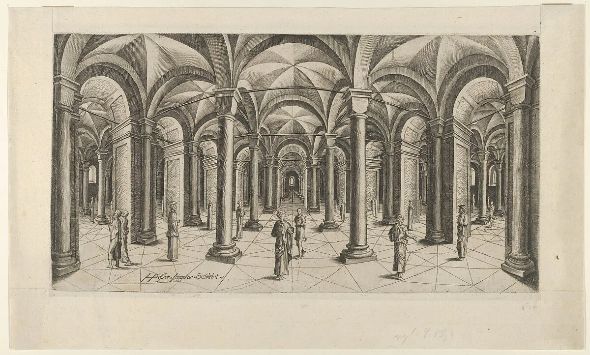 View in Fisheye perspective of a Hall with Columns and Cross Rib Vaulting — Hans Pesser