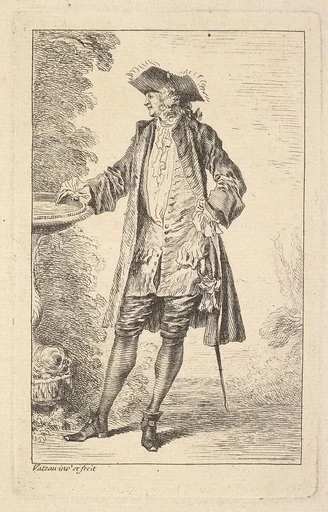 Standing man with his right hand resting on a basin, shown in three-quarters view with his head turned toward the left, from "Figures of Fashion" (Figures de Modes)