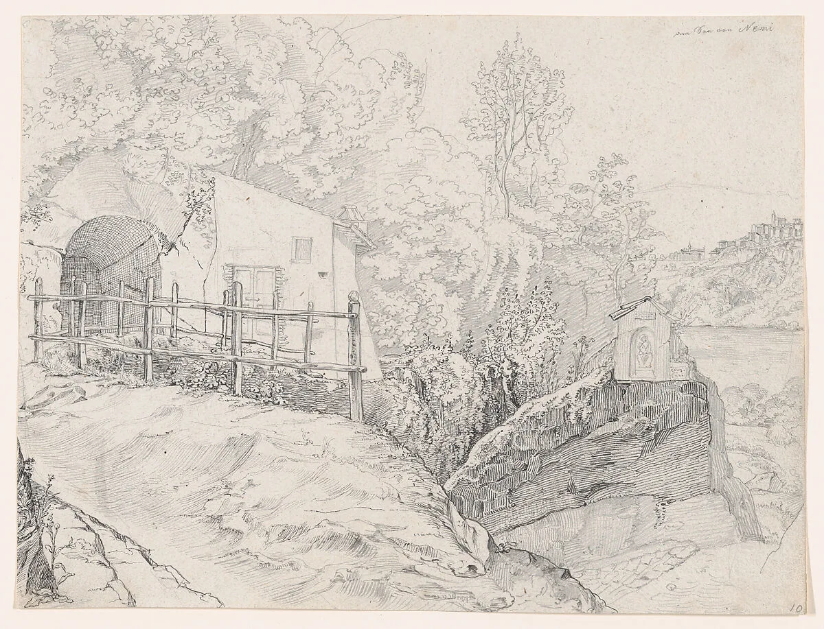 A House near a Grotto and a Roadside Chapel at Lake Nemi, with a View of Genzano from the North; verso: Sketch of Trees on the Border of a Lake, with Mountains in the Background — Johann Martin von Rohden