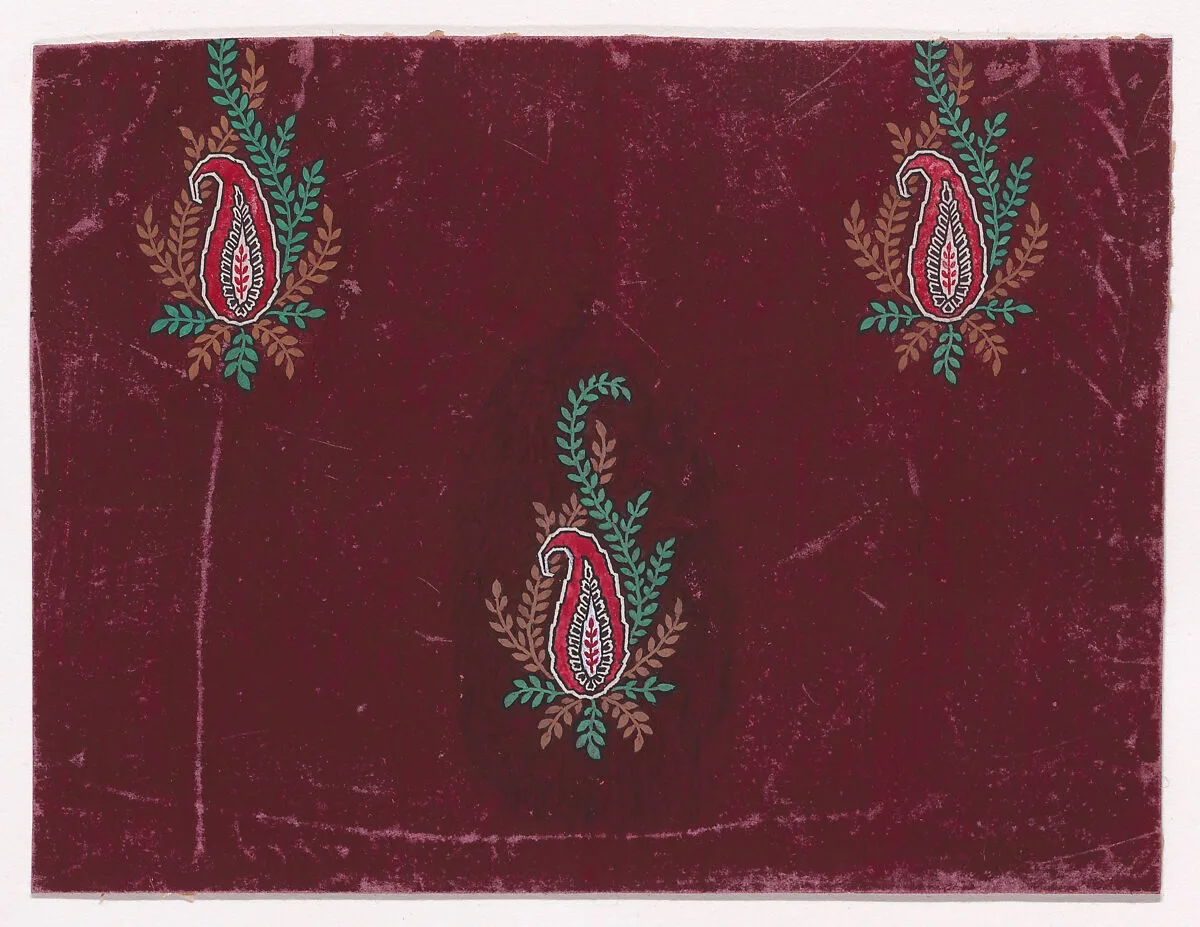 Textile Design with Paisley Motifs and Bundles of Stylized Branches with Leaves — Anonymous, Alsatian, 19th century