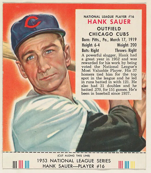 Hank Sauer, from the Red Man All-Star Team series (T233), issued by Red Man Chewing Tobacco — Red Man Chewing Tobacco