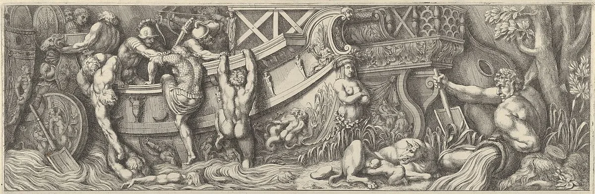 Plate 8: battle between soldiers on a boat and naked men trying to climb in, a river god at right — Pietro Santi Bartoli|Polidoro da Caravaggio|Giovanni Giacomo De Rossi