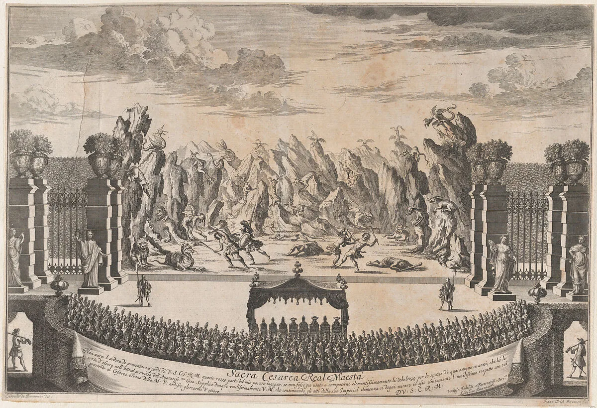 The royal family sitting under a canopy, watching dancers perform the opening ballet of 'La Costanza d'Ulisse' — Ludovico Ottaviano Burnacini|Johann Ulrich Kraus