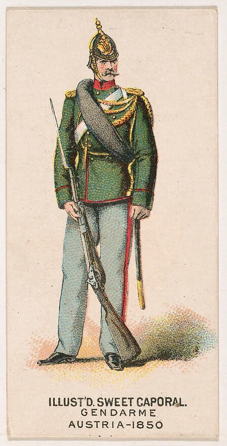 Gendarme, Austria, 1850, from the Military Series (N224) issued by Kinney Tobacco Company to promote Sweet Caporal Cigarettes — Kinney Brothers Tobacco Company