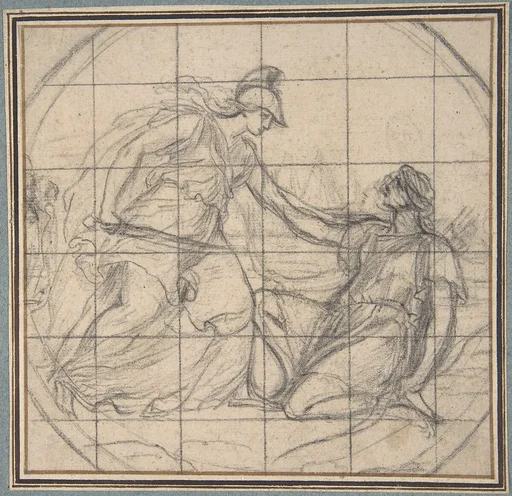 Design for a Medallion: Huntress Kneeling before an Armed Goddess