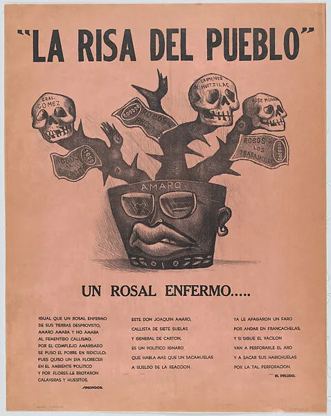 Poster entitled 'The laughter of the people' relating to the crimes at Huitzilac, skulls attached to a cactus — Xavier Guerrero|Taller de Gráfica Popular|José Chávez Morado