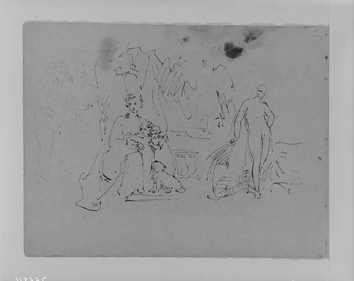 Woman with Two Children and Dog; Standing Figure (from Sketchbook) — Thomas Sully