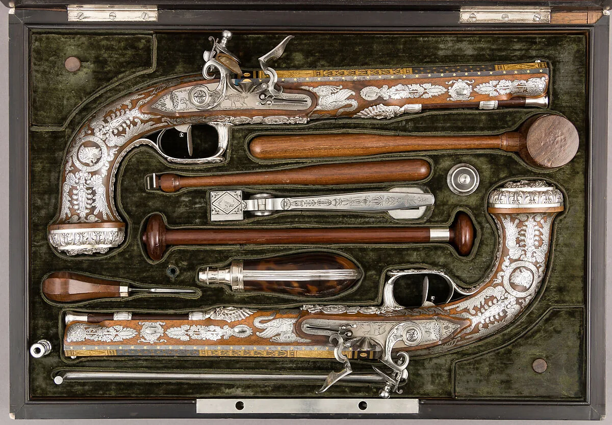 Cased Pair of Flintlock Pistols with Accessories — François Pirmet|Nicolas Noël Boutet