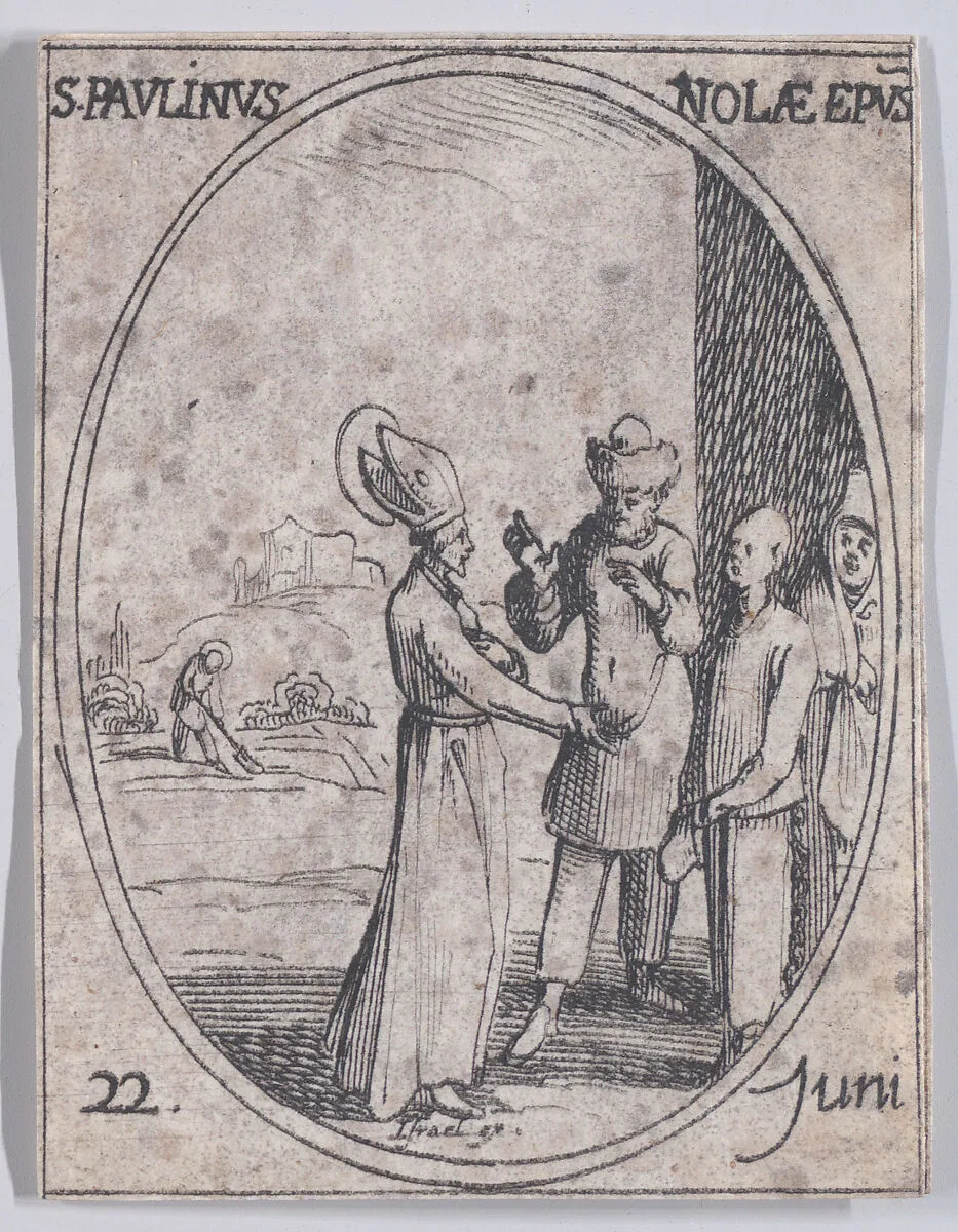 S. Paulin, évêque de Nole (St. Paulinas, Bishop of Nolas), June 22nd, from "Les Images De Tous Les Saincts et Saintes de L'Année" (Images of All of the Saints and Religious Events of the Year) — Israël Henriet|Jacques Callot