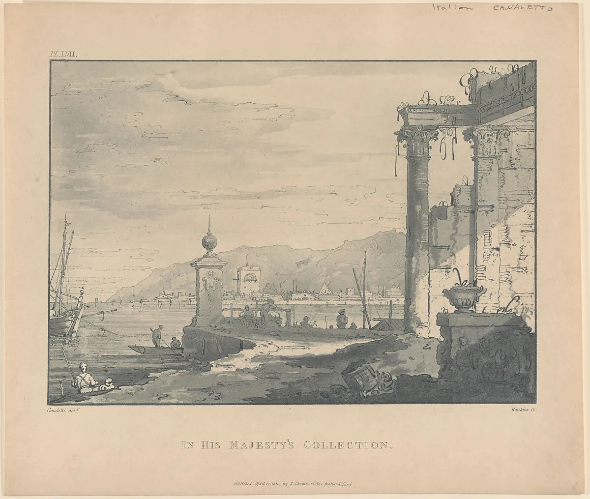 A coastal scene with a classical ruin at right — John Chamberlaine|Canaletto (Giovanni Antonio Canal)|George Hawkins, the elder|William Bulmer & Co.