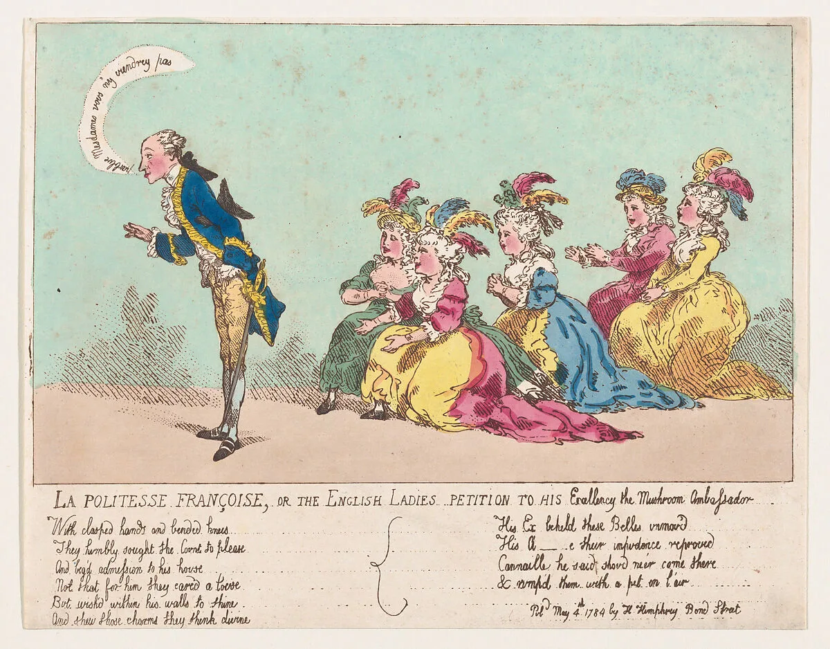 La politesse Françoise, or the English ladies petition to His Excellency the Mushroom Ambassador — Jean Balthazar, comte d'Adhémar de Montfalcon|Hannah Humphrey|Thomas Rowlandson