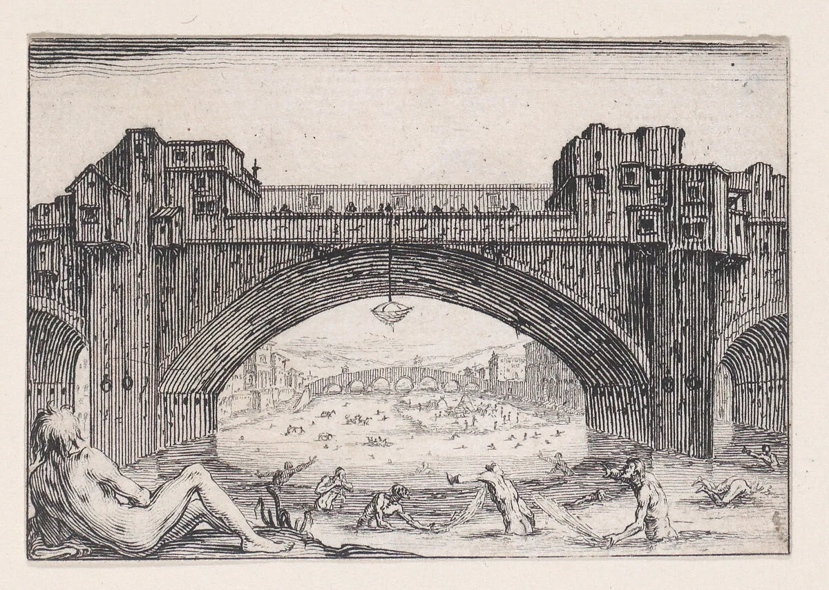 Le Ponte-Vecchio, a Florence (The Ponte-Vecchio in Florence), from Les Caprices Series A, The Florence Set — Jacques Callot|Lorenzo de' Medici
