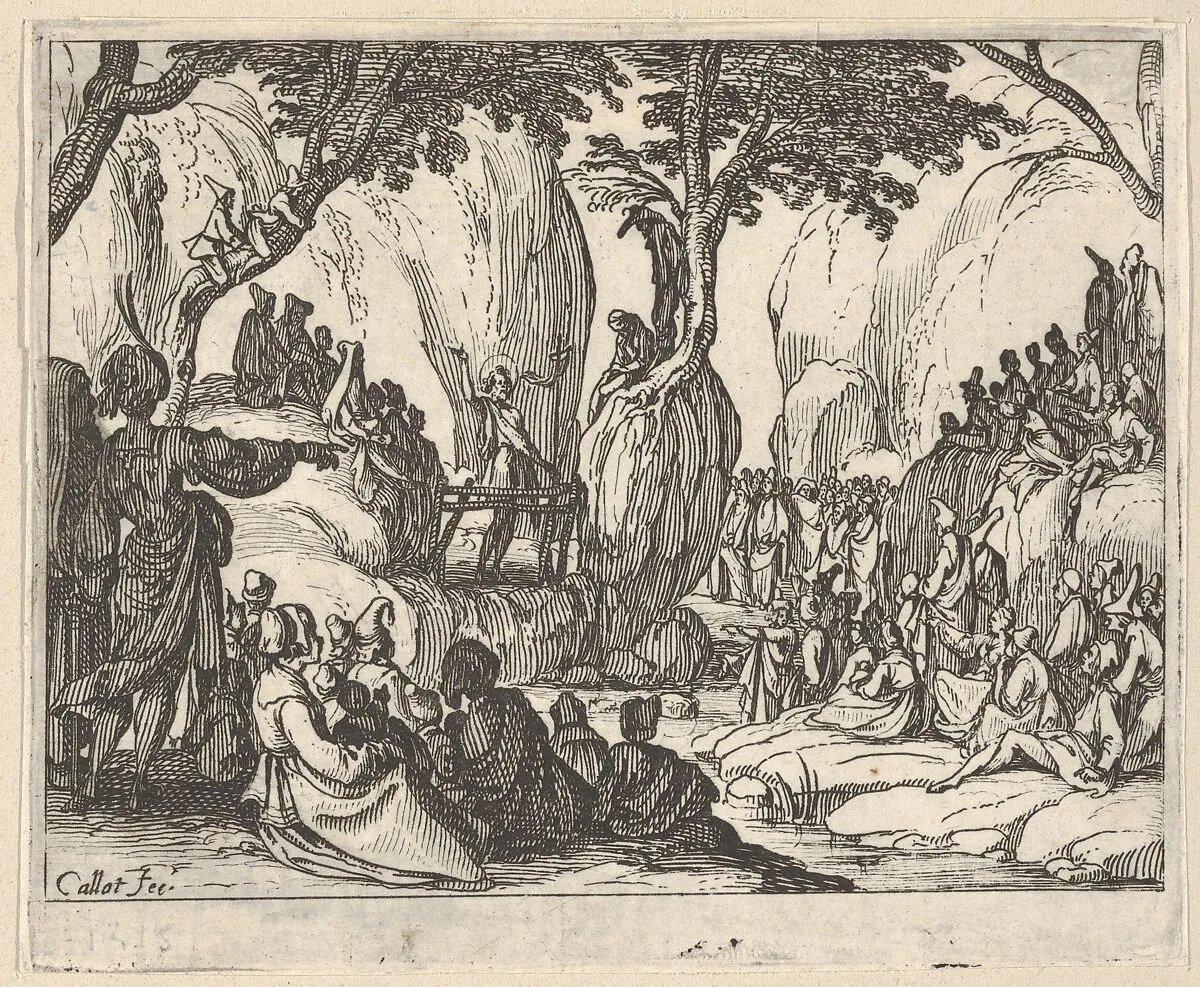 Saint John Preaching in the Desert (Saint Jean Préchant dans le Désert), with arm upraised, surrounded by male and female figures in a rocky setting — Jacques Callot