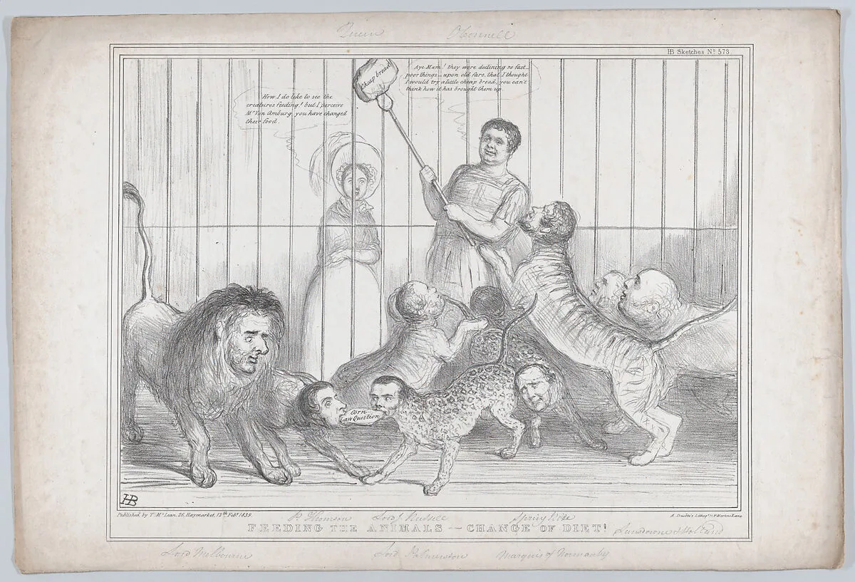 Feeding the Animals – A Change of Diet! — Charles Edward Poulett Thomson, Baron Sydenham|Queen Victoria|Henry Richard Fox Vassall, 3rd Baron Holland|Alfred Ducôte|Thomas Spring Rice, 1st Baron Monteagle|John Doyle|Lord John Russell|Henry John Temple, 3rd Viscount Palmerston|William Lamb, 2nd Viscount Melbourne|Isaac Van Amburgh|Constantine Henry Phipps, 1st Marquess of Normanby|Daniel O'Connell|Henry Petty-FitzMaurice, 3rd Marquess of Lansdowne|Thomas McLean