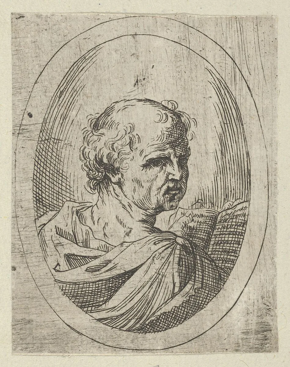 An apostle seen from behind and turning to the right, holding an open book, in an oval frame, from "Christ, the Virgin, and Thirteen Apostles" — Guido Reni|Anonymous, 17th century