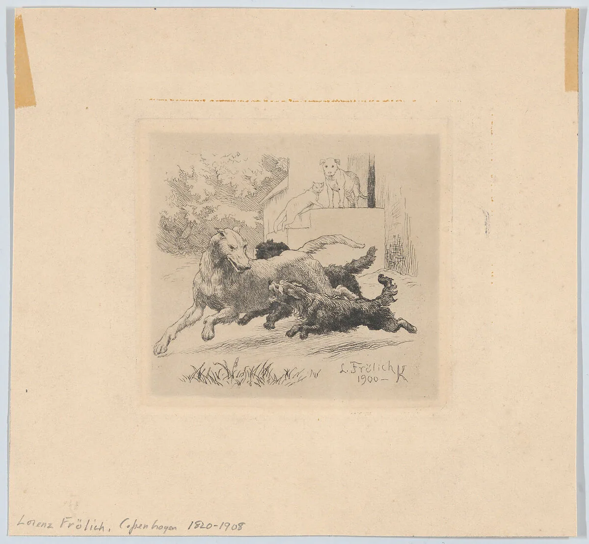 Three dogs playing at center, with a cat and a dog watching in the background — Lorenz Frølich