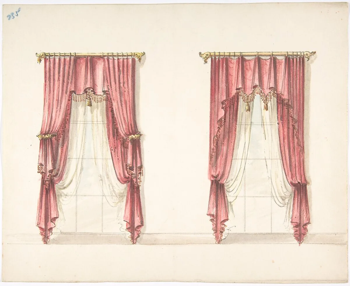Design for Two Red Fringed and Tasseled Curtains Hanging from Rods — Anonymous, British, 19th century