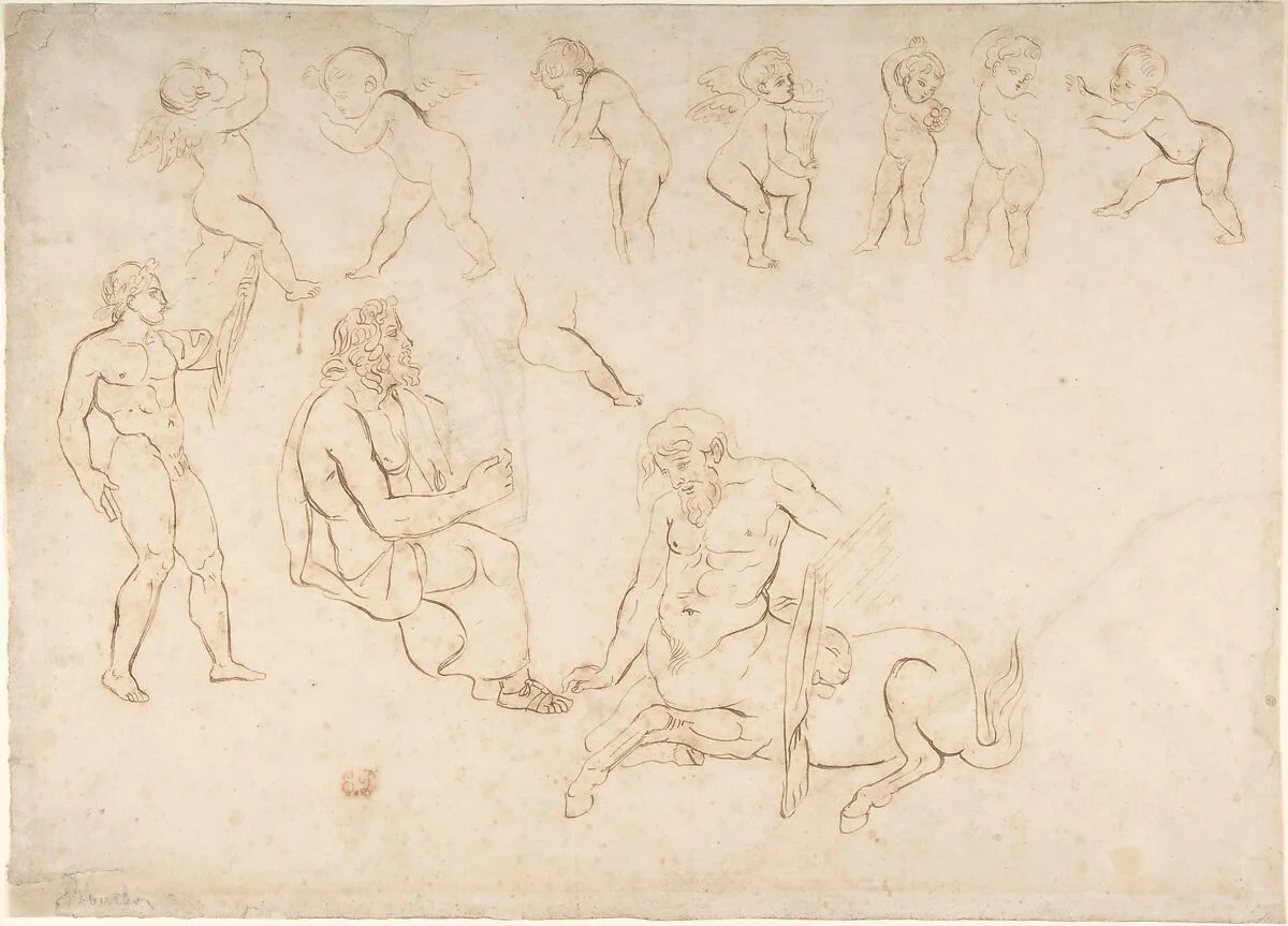 Studies for the decoration of the Library, Palais Bourbon, Paris: standing nude athlete; seated man with a lyre; centaur; and seven putti (three with wings) — Eugène Delacroix