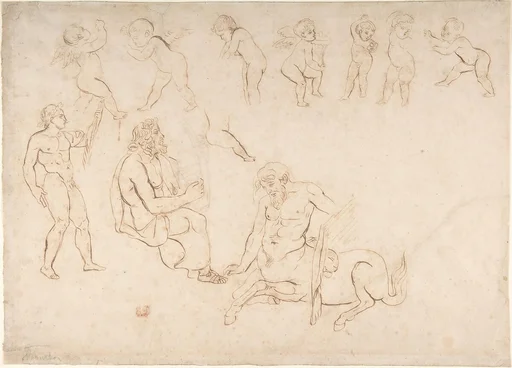Studies for the decoration of the Library, Palais Bourbon, Paris: standing nude athlete; seated man with a lyre; centaur; and seven putti (three with wings)