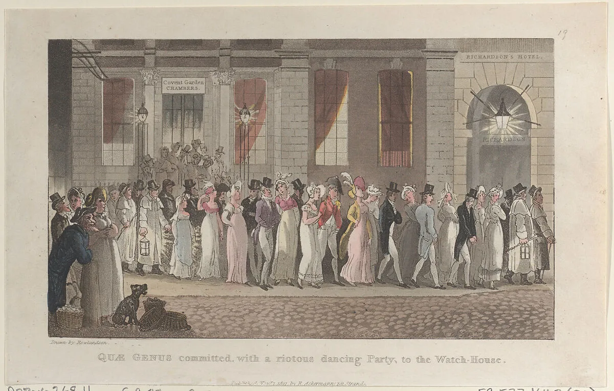 Quae Genus Committed, with a Riotous Dancing Party, to the Watch-House — J. Diggens|Rudolph Ackermann, London|Thomas Rowlandson|William Combe