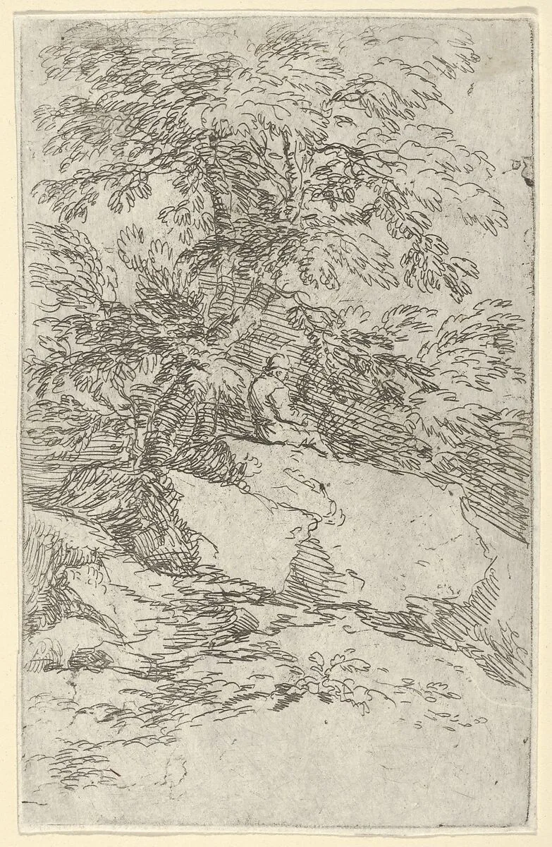 Landscape with a figure seated on a rock — Salvator Rosa